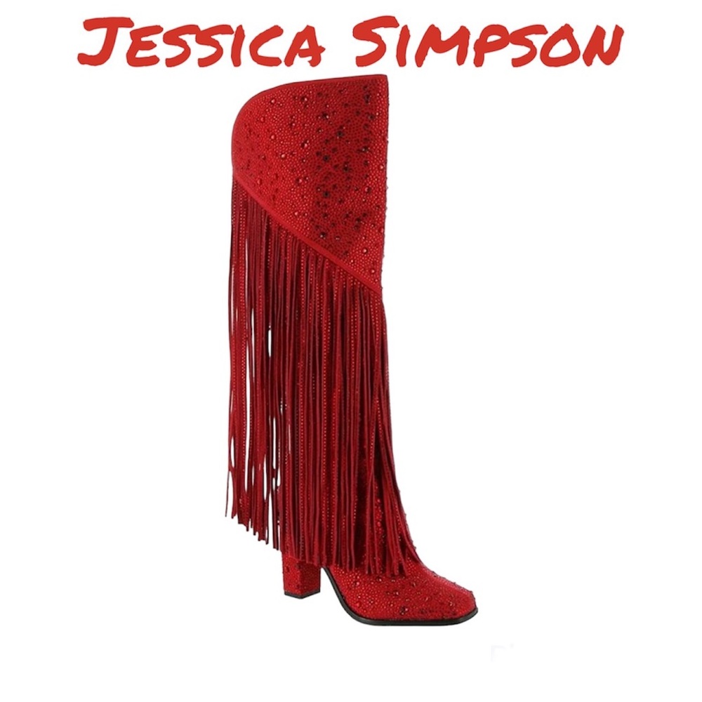 JESSICA SIMPSON Red Western Fringe Rhinestone Knee Boots size 8.5 wide calf - Picture 3 of 9